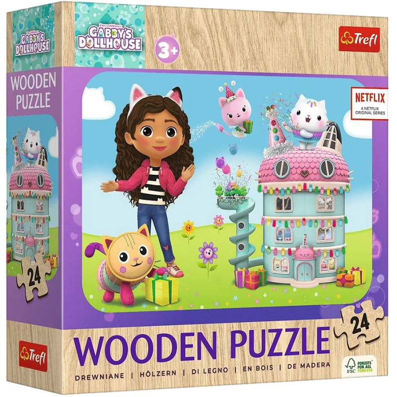 2687 DREWNIANE PUZZLE KOCI DOMEK GABI 24 EL WESOŁA GABI I PRZYJACIELE TREFL