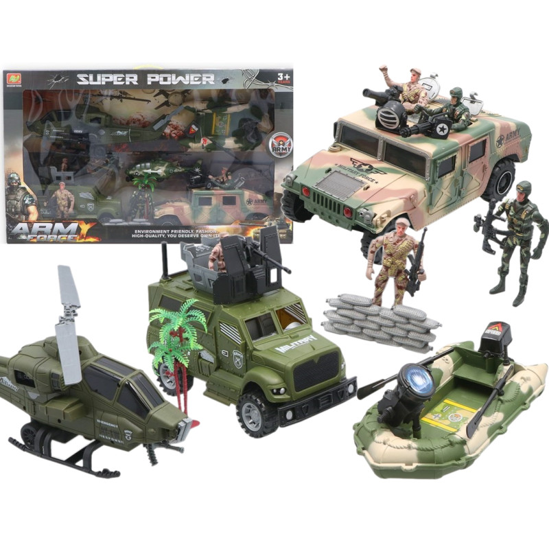 8983 OLBRZYMI ZESTAW MILITARNY JEEP WOJSKOWY PONTON HELIKOPTER+ ŻOŁNIERZYKI