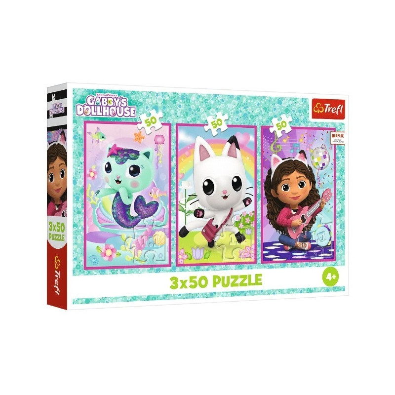 8767 Trefl Puzzle 3x50 elementów Gabby i kotki Gabi 
