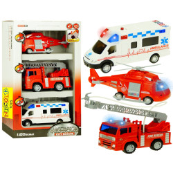 * 5830 ZESTAW 3 POJAZDÓW AMBULANS HELIKOPTER WÓZ STRAŻACKI ŚWIATŁO DŹWIĘK