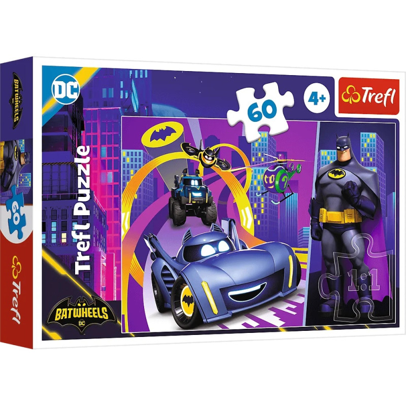4007 Trefl puzzle 60 elementów Batwheels Batman i jego pojazdy 
