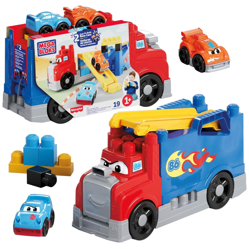 3977 Klocki Mega Bloks Ciężarówka „Buduj i ścigaj się” ciężarówka z torem + auta