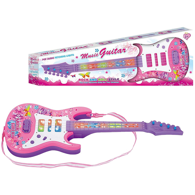 6203 Gitara zabawkowa dla dzieci świecąca muzyczna LED dźwięki różowa