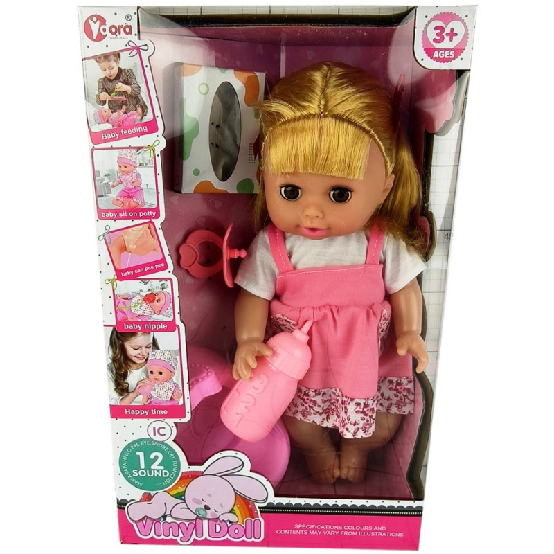 6091 Lalka Interaktywna Pije Siusia Nocnik Butelka 12 Dźwięków  29 cm