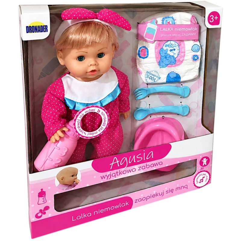 7447 Lalka niemowlak Agusia mówi śpiewa nocnik butelka pieluszka  30 cm